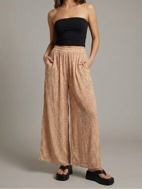 Soji tan and cream ditsy floral crinkle sheer pants